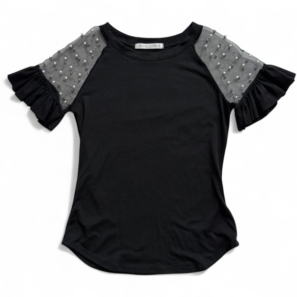 Black Pearl Embellished Mesh Sleeve Top | Size S/M | Elegant & Edgy - Picture 1 of 1